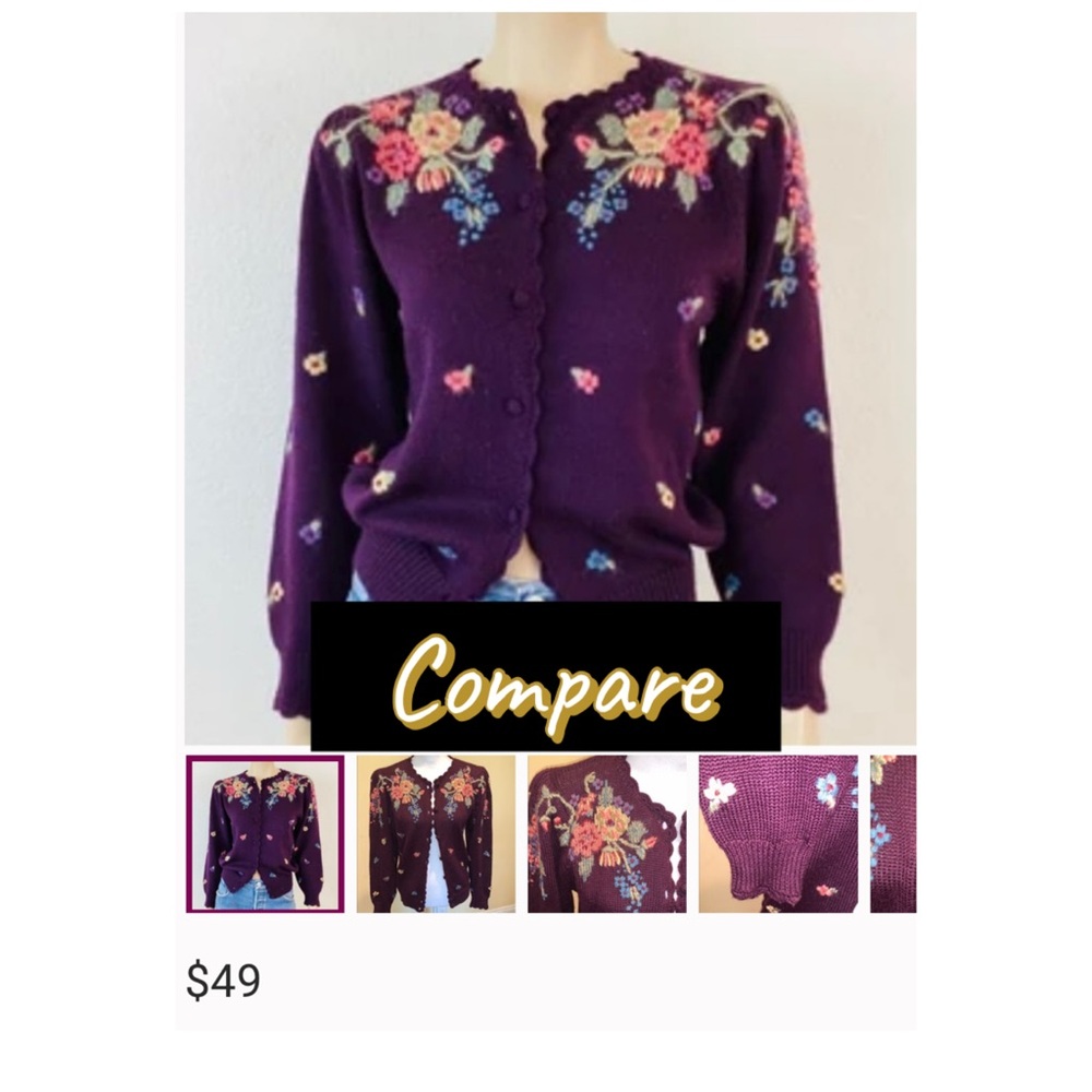 International Knitted by hand embroidery eggplant cardigan size L - Picture 7 of 11